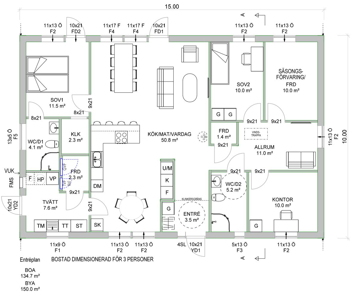 Planritning för Kristinelund 1:8 med kök och vardagsrum, separat allrum, sovrum och kontor